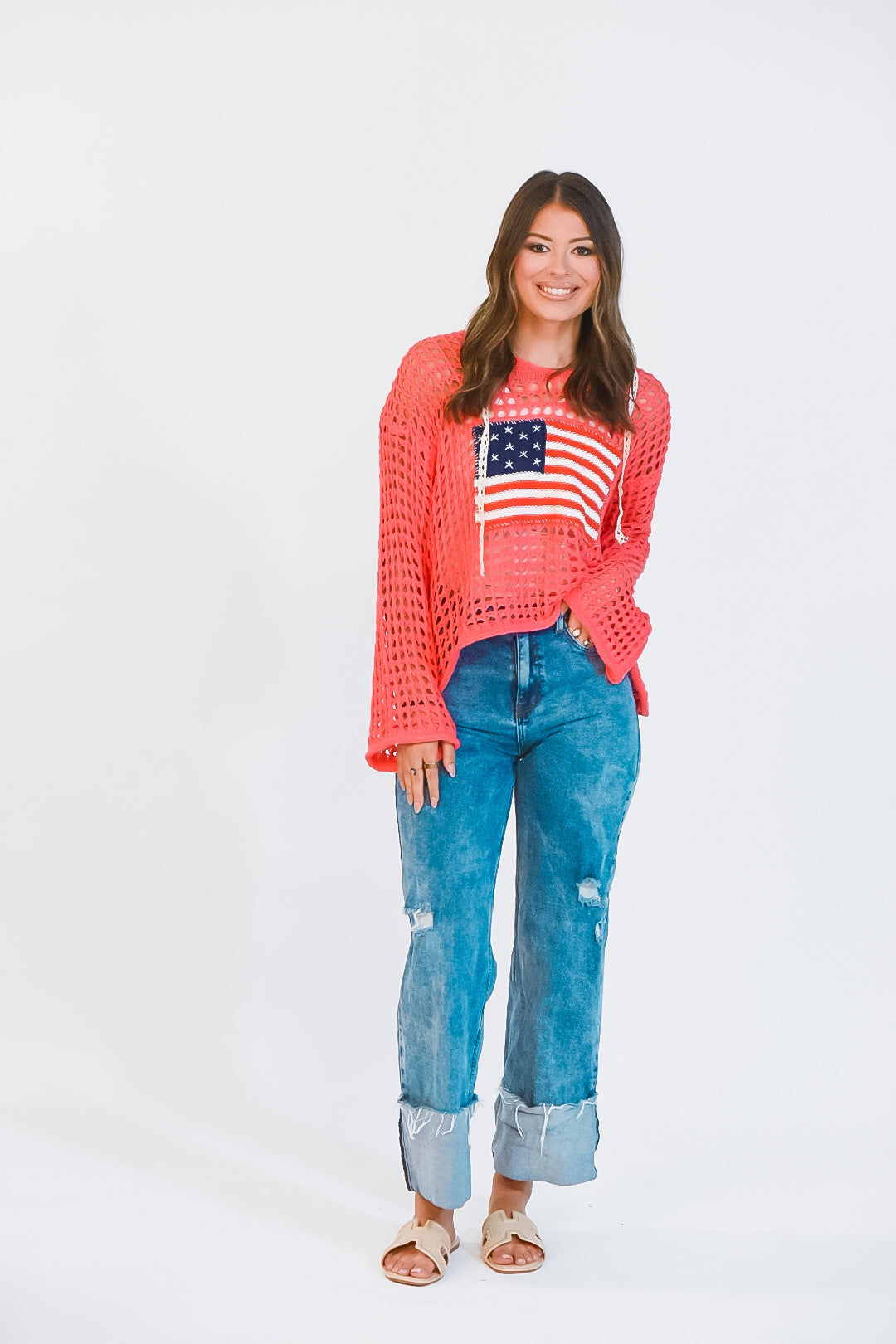 Freedom Coral Open Knit Hooded Sweater