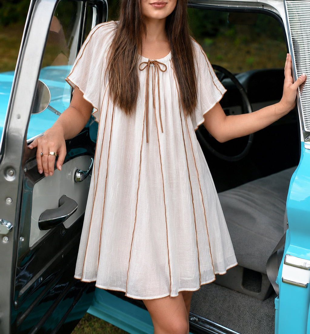 Coastal Charm Ribbon Trim Babydoll Dress