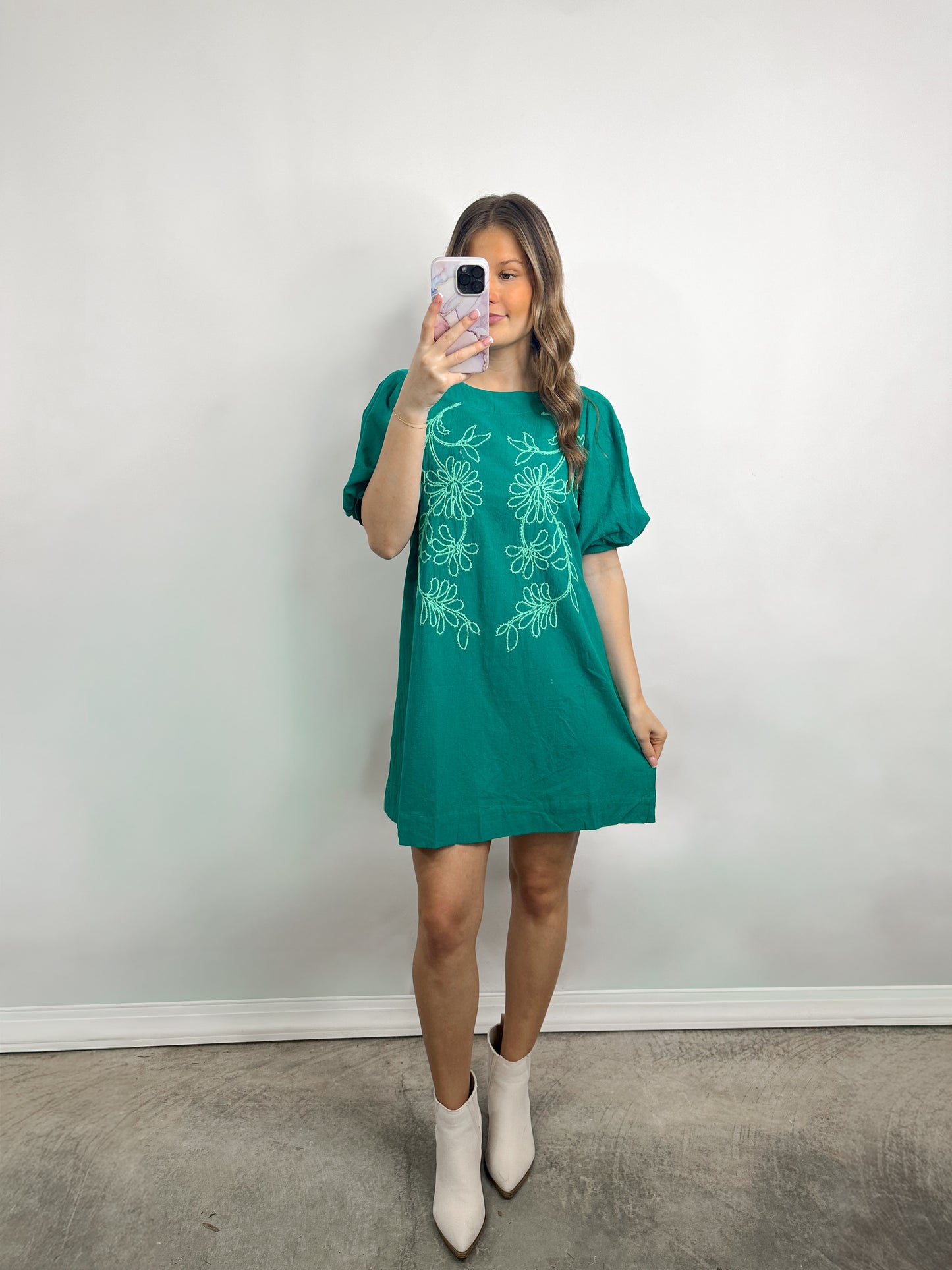 Emerald Bloom Embroidered Dress