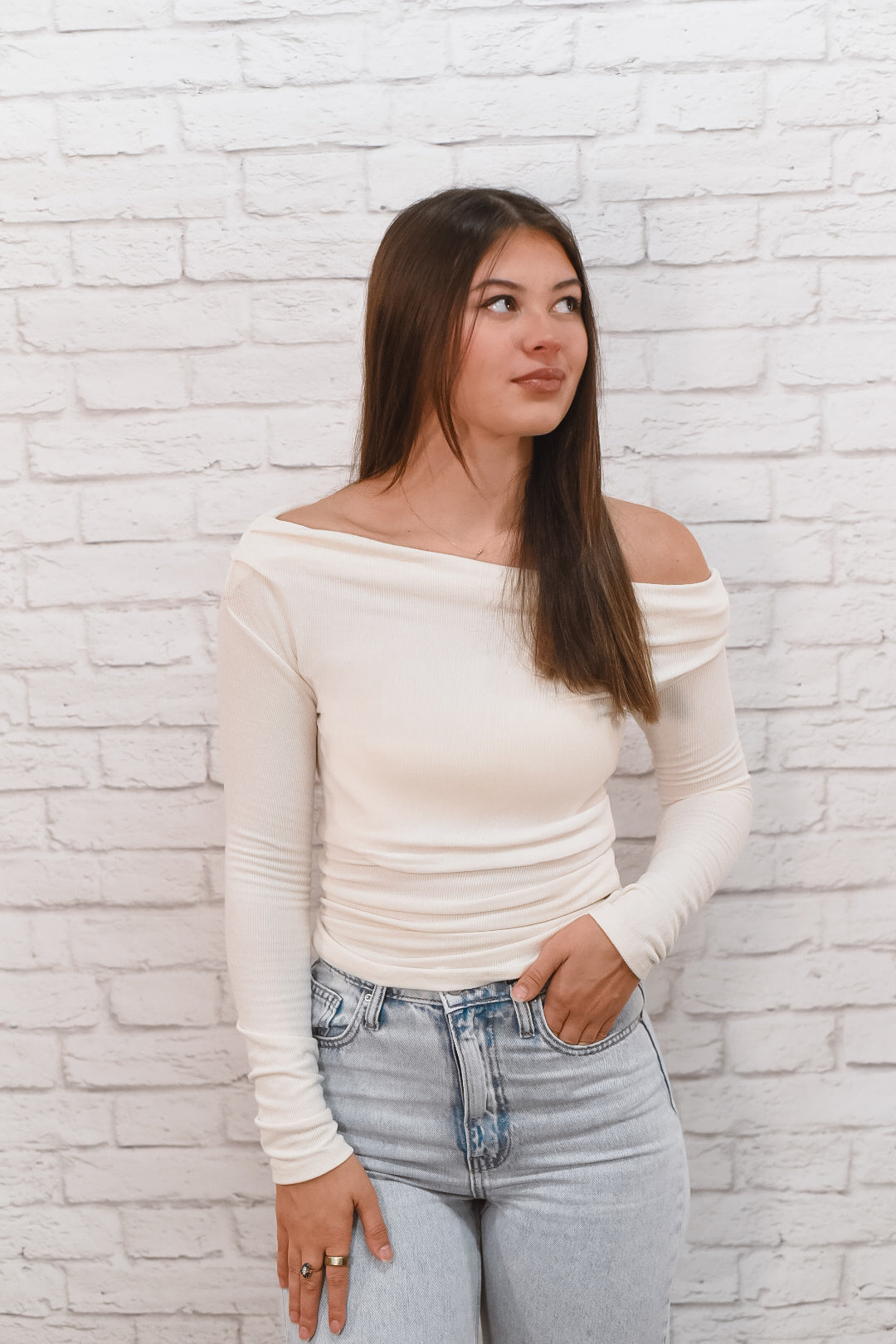 Ivory Elegance Off-Shoulder Ribbed Top