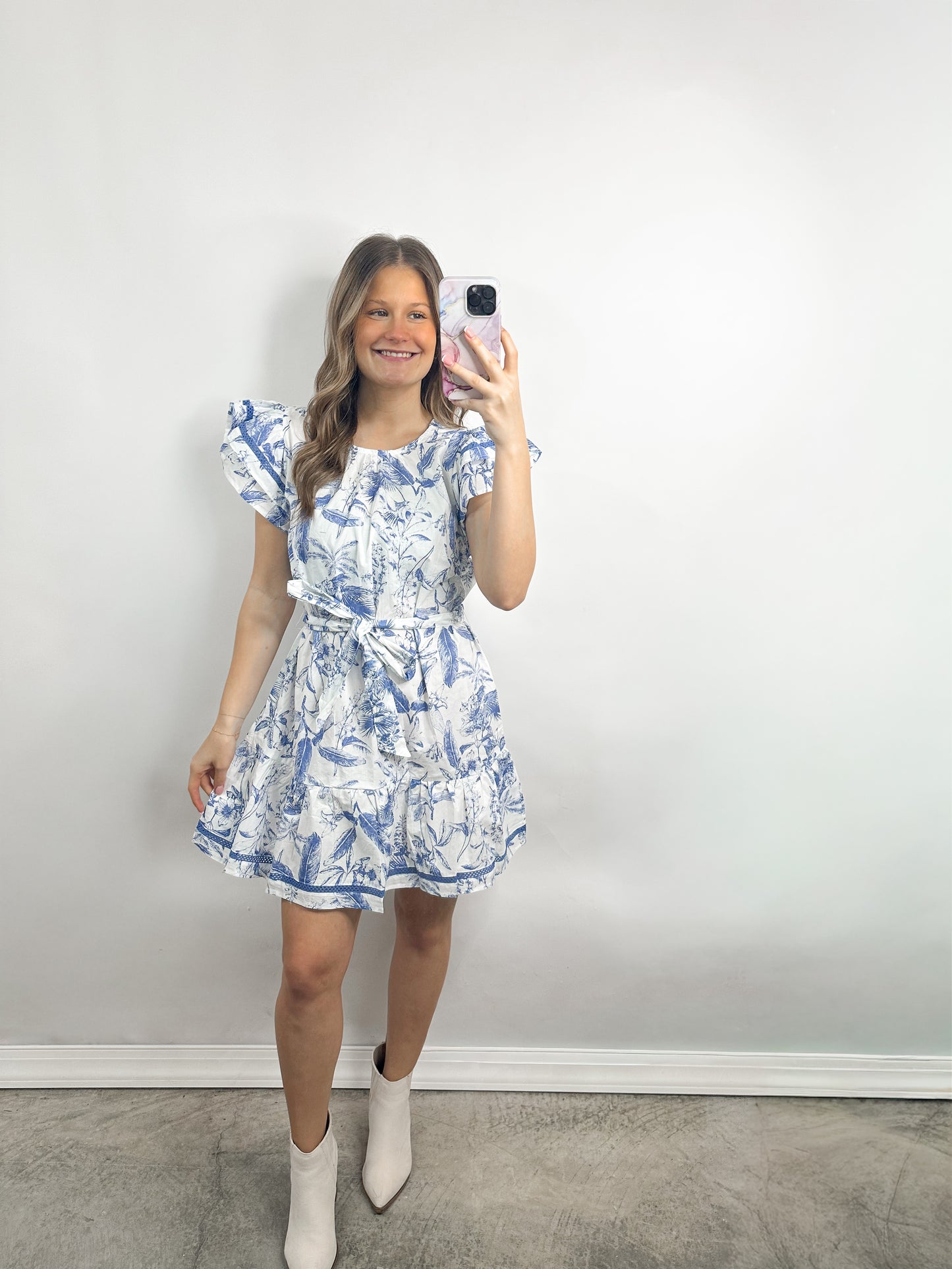 Blue Willow Ruffle Waist Dress