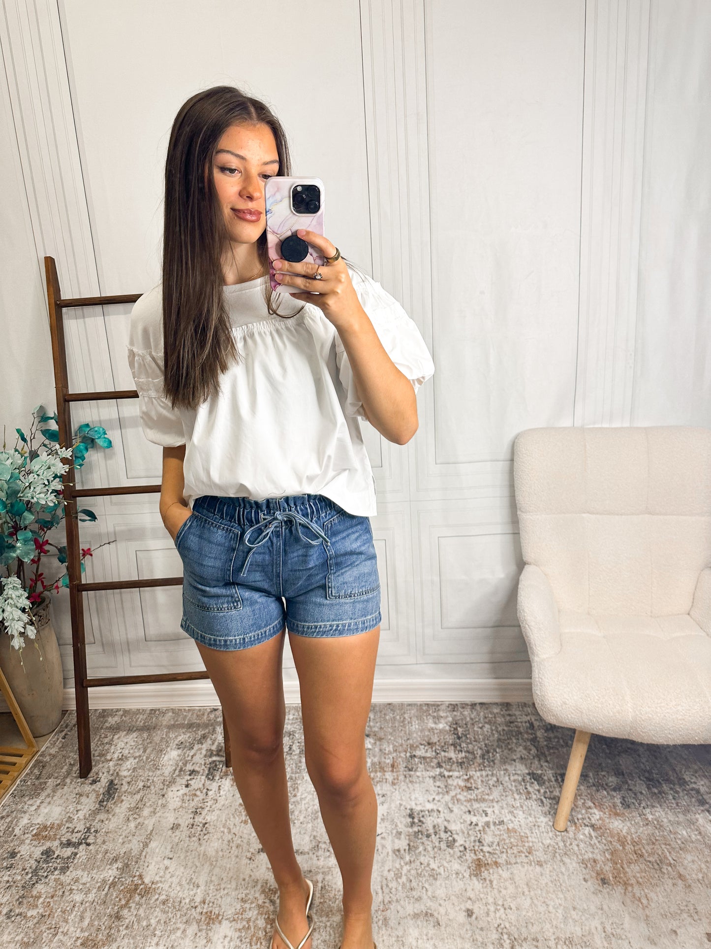 Casual Denim Drawstring Shorts – High Waist Utility Pocket Shorts