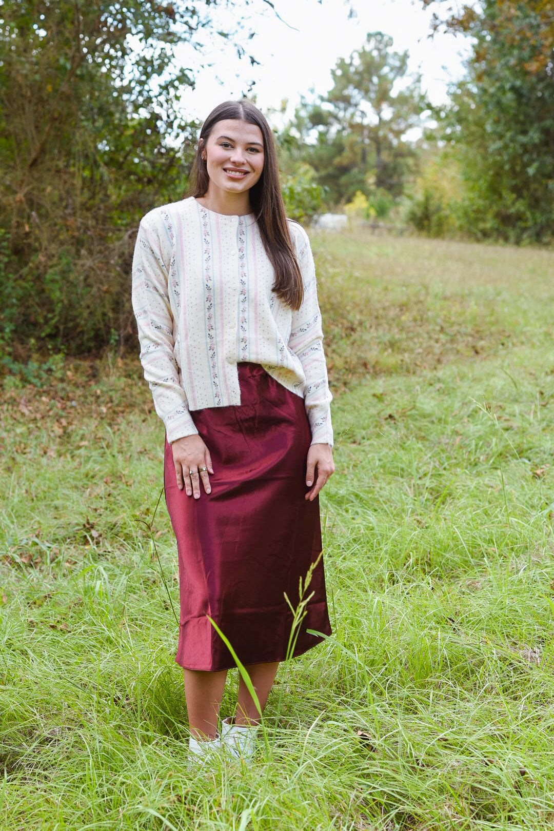 Bordeaux Satin Midi Skirt