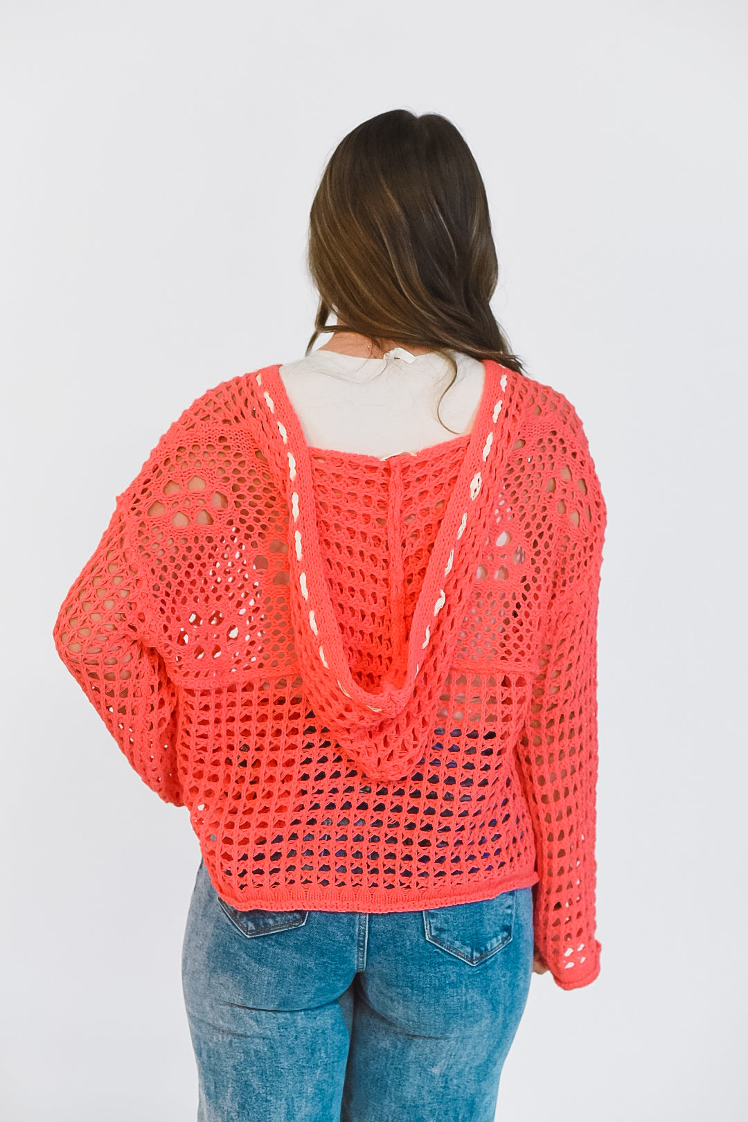 Freedom Coral Open Knit Hooded Sweater