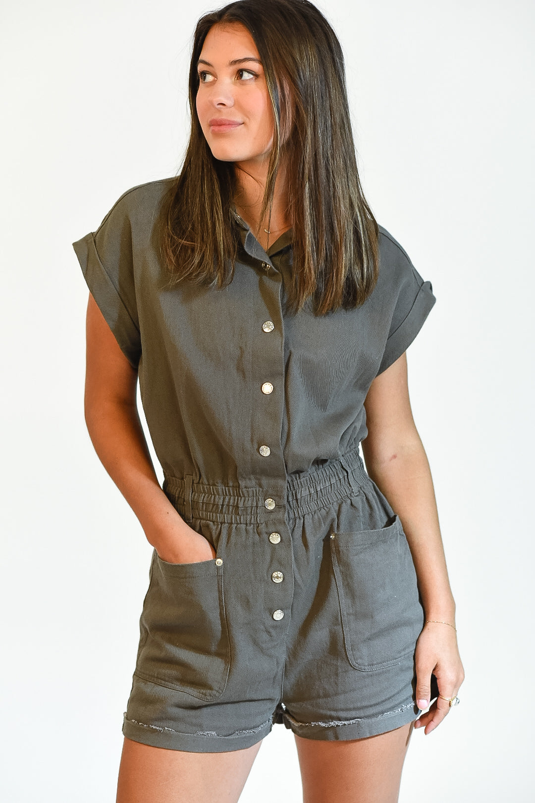 Rustic Charm Grey Button Down Romper