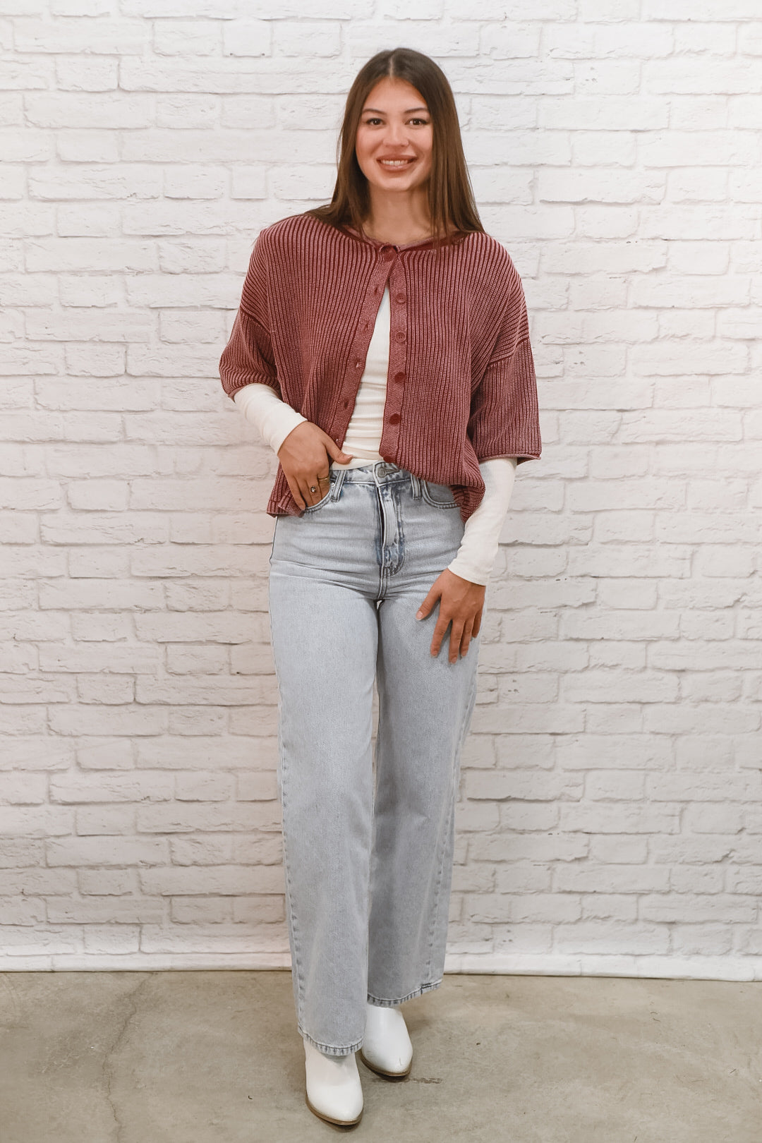 Vintage Merlot Mineral-Wash Cardigan