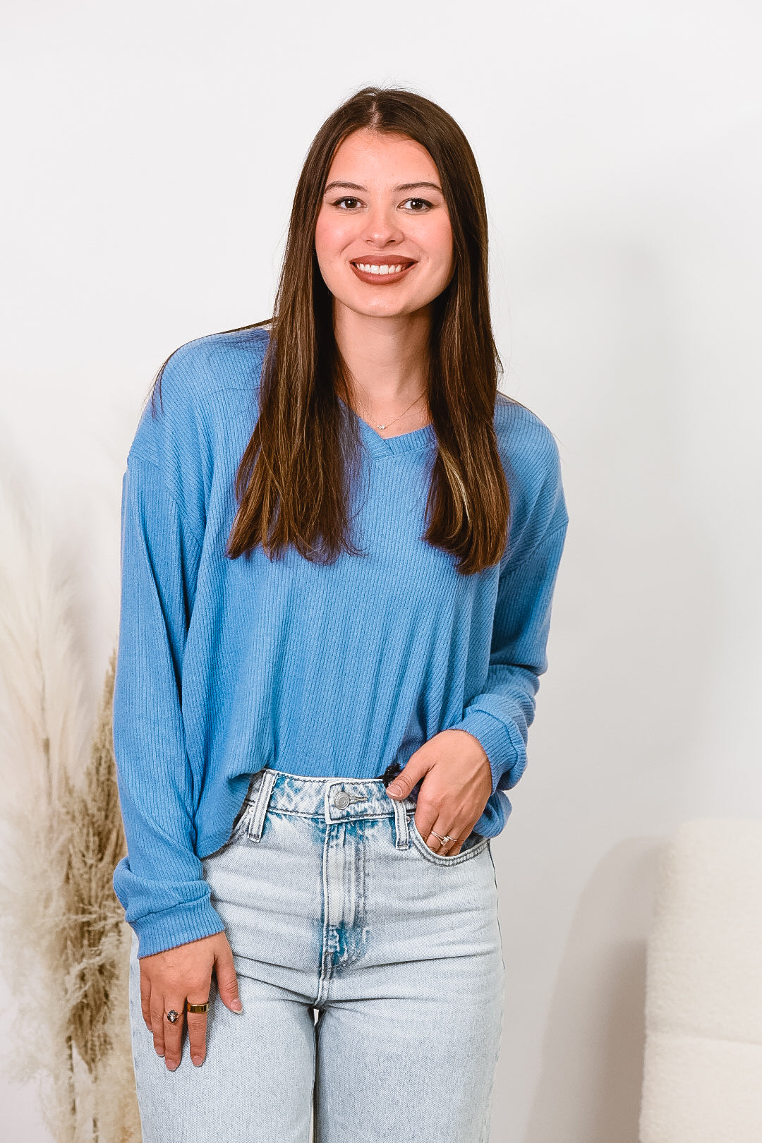 Skyline Waffle Knit V-Neck Top – Blue