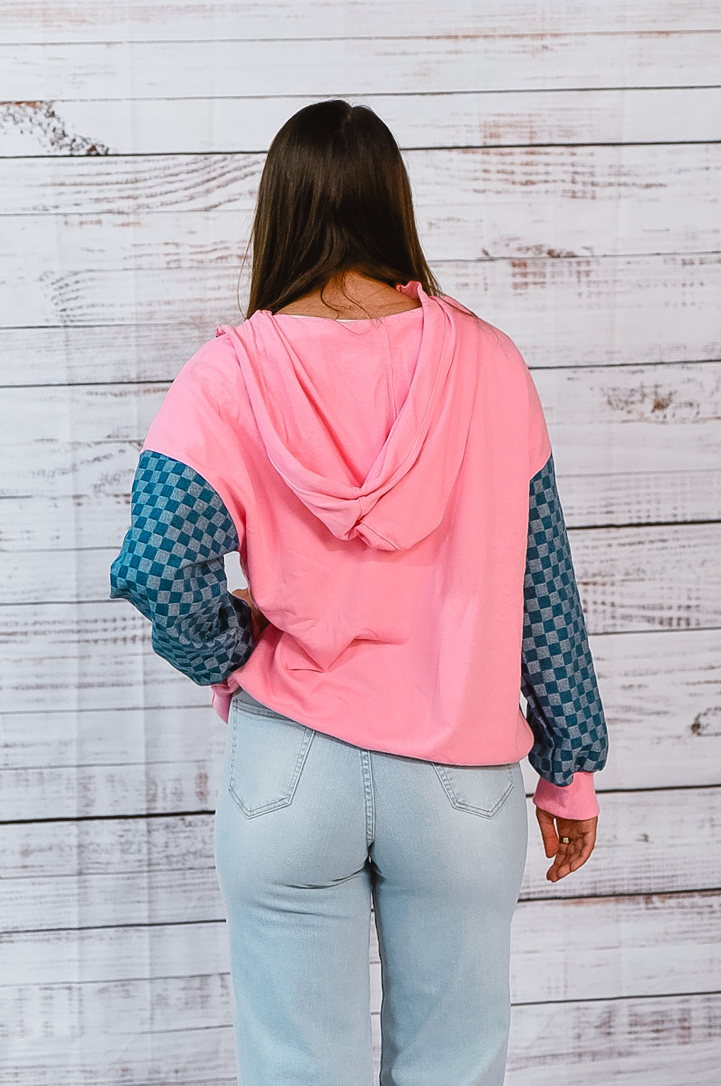 Checking On It Pink And Denim Half Zip Top