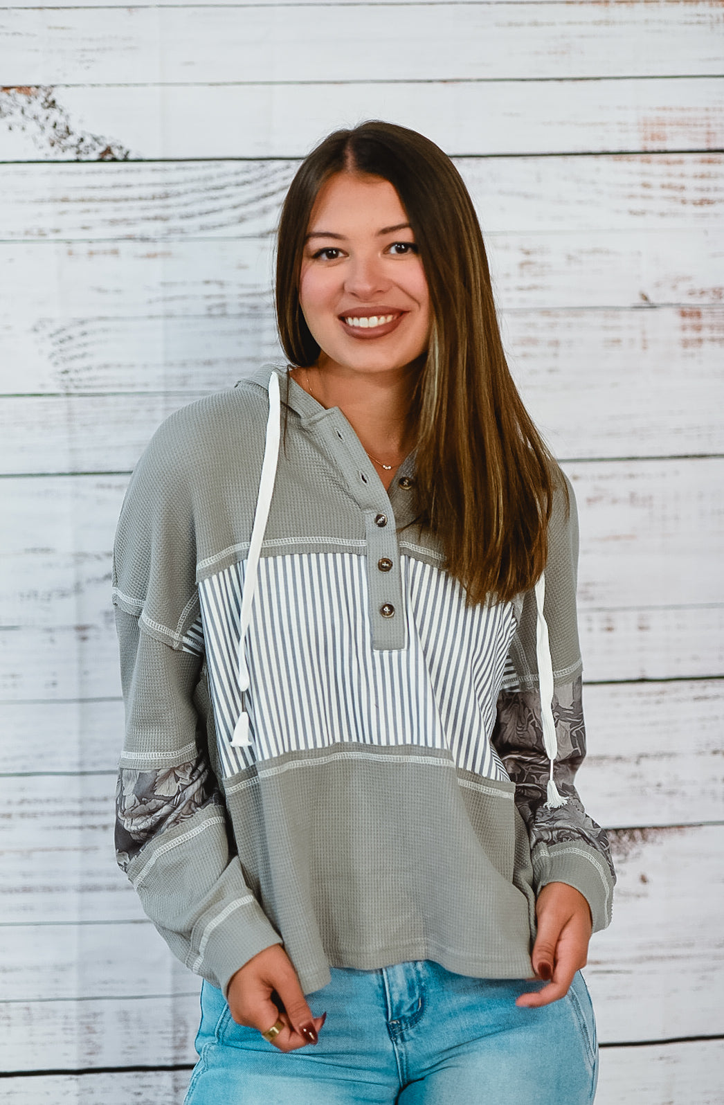 Grey Stripe & Floral Patchwork Hoodie