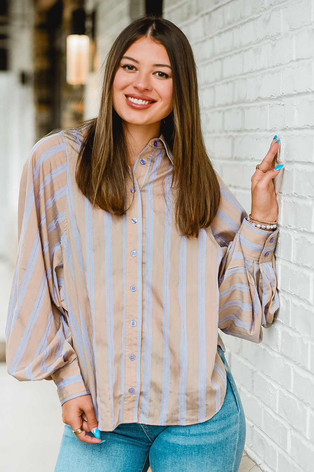 Lavender Sands Striped Button Blouse