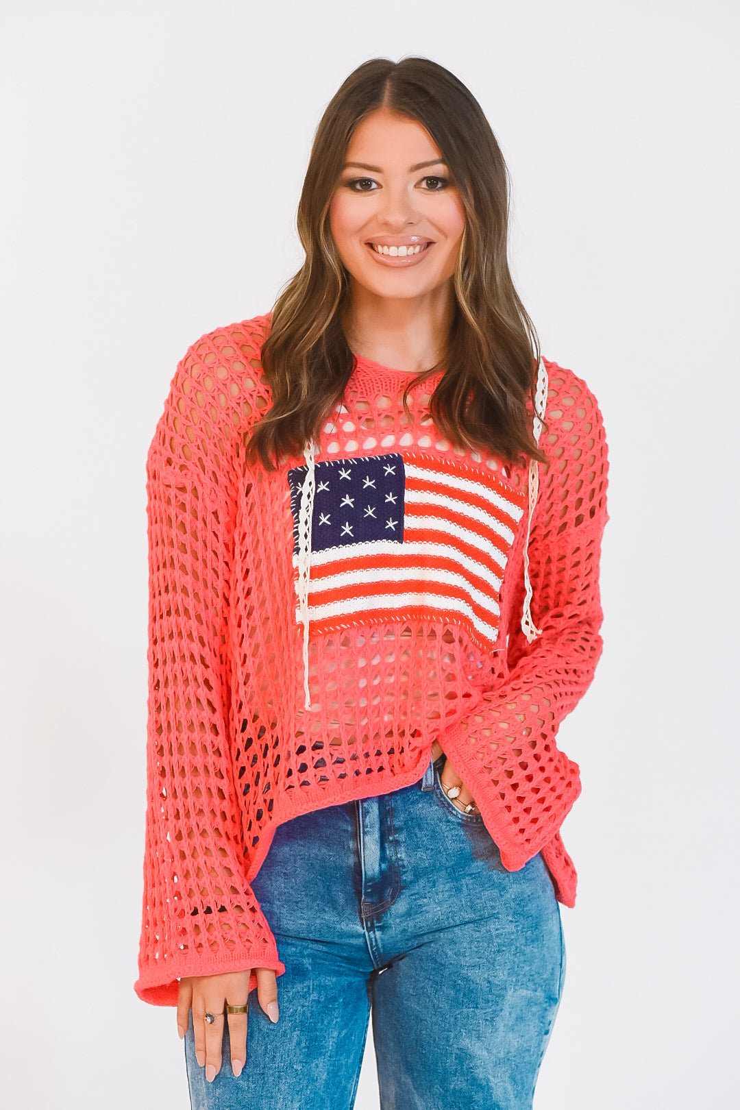 Freedom Coral Open Knit Hooded Sweater