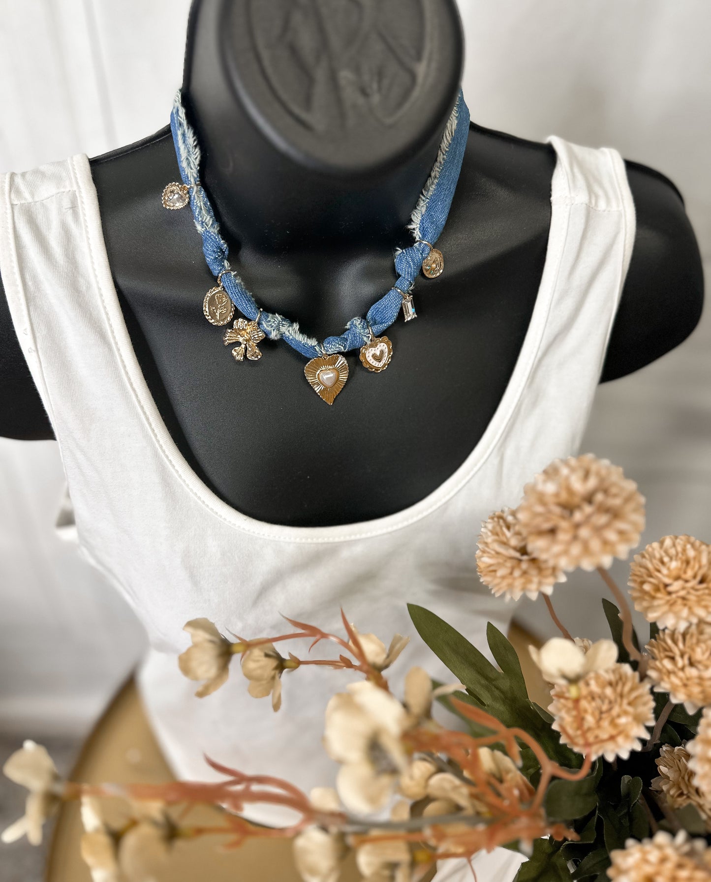 Denim Charm Statement Necklace