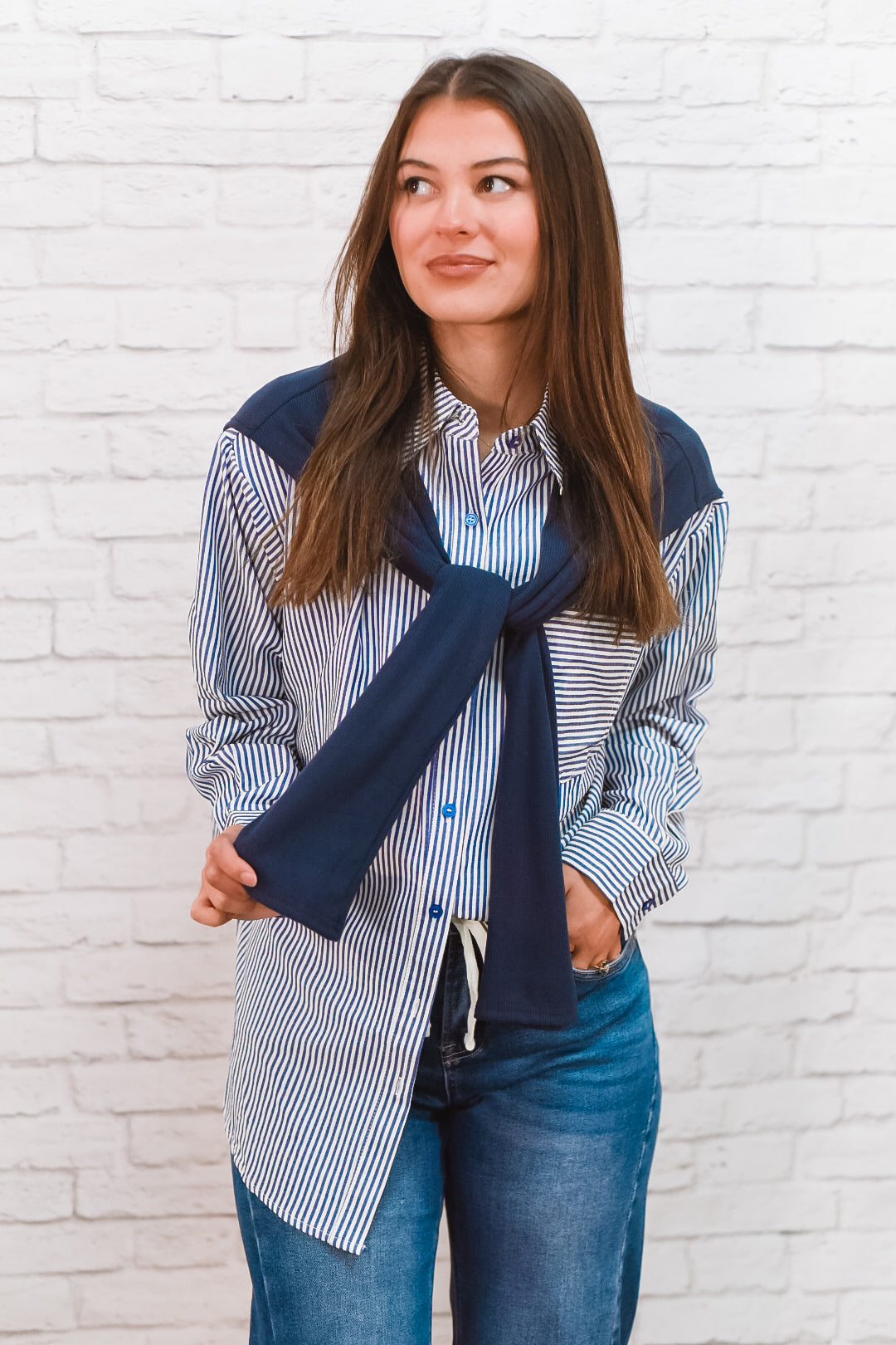 Classic Blue Striped Layered-Look Button-Up Shirt