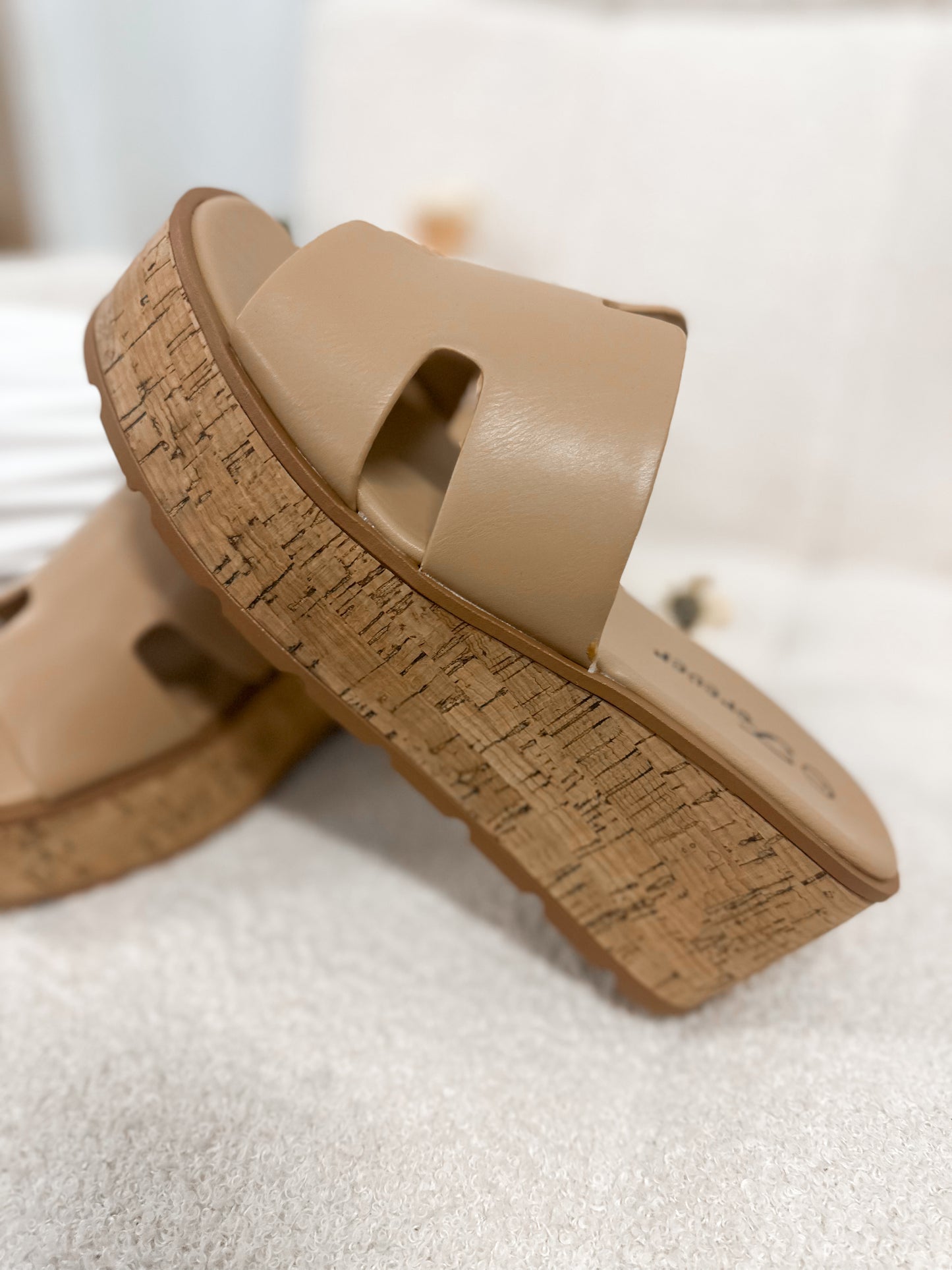 Cork Platform Slide Sandals – Tan Double Strap Summer Wedges