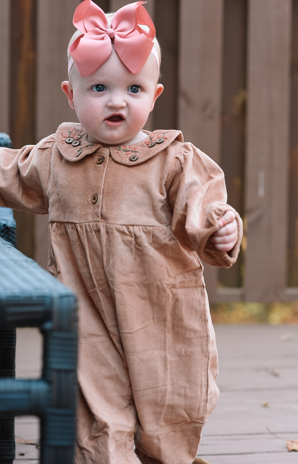 Tan Floral Embroidered Corduroy Girl Romper