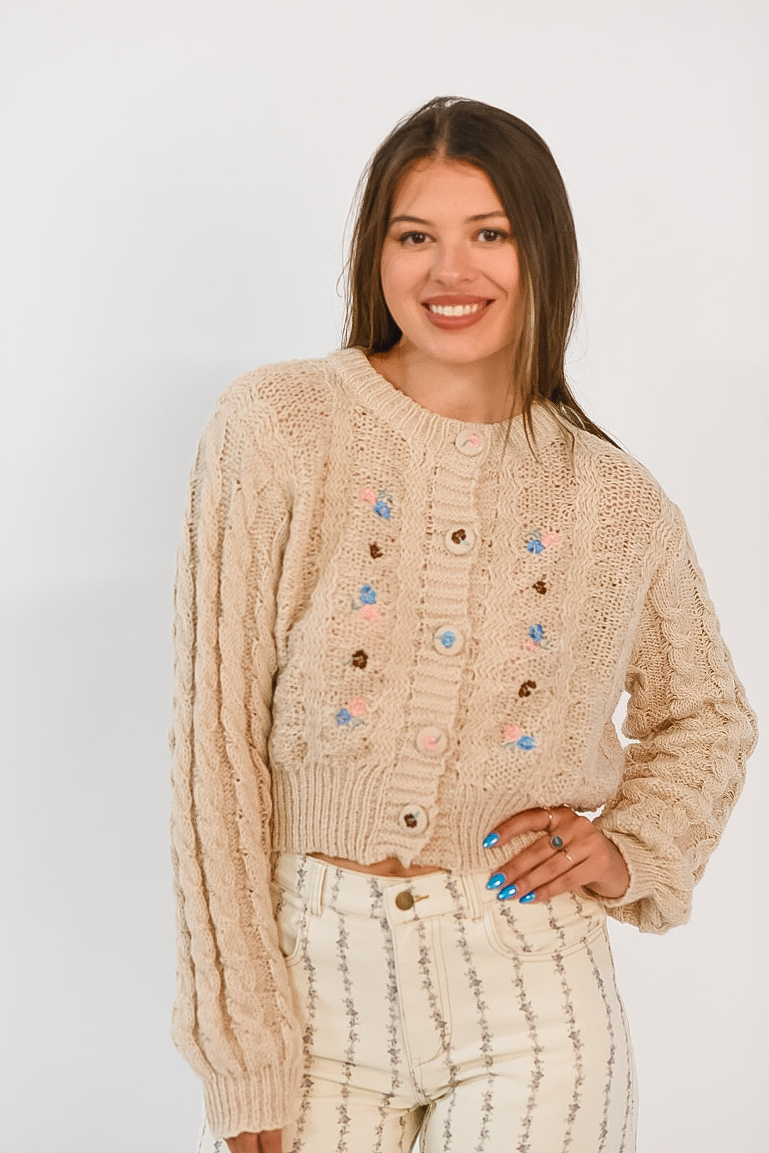 Floral Charm Button-Up Sweater