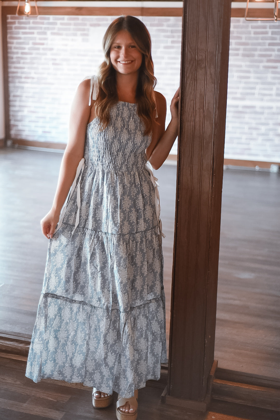 Blue Skies Smocked Bow Maxi Dress