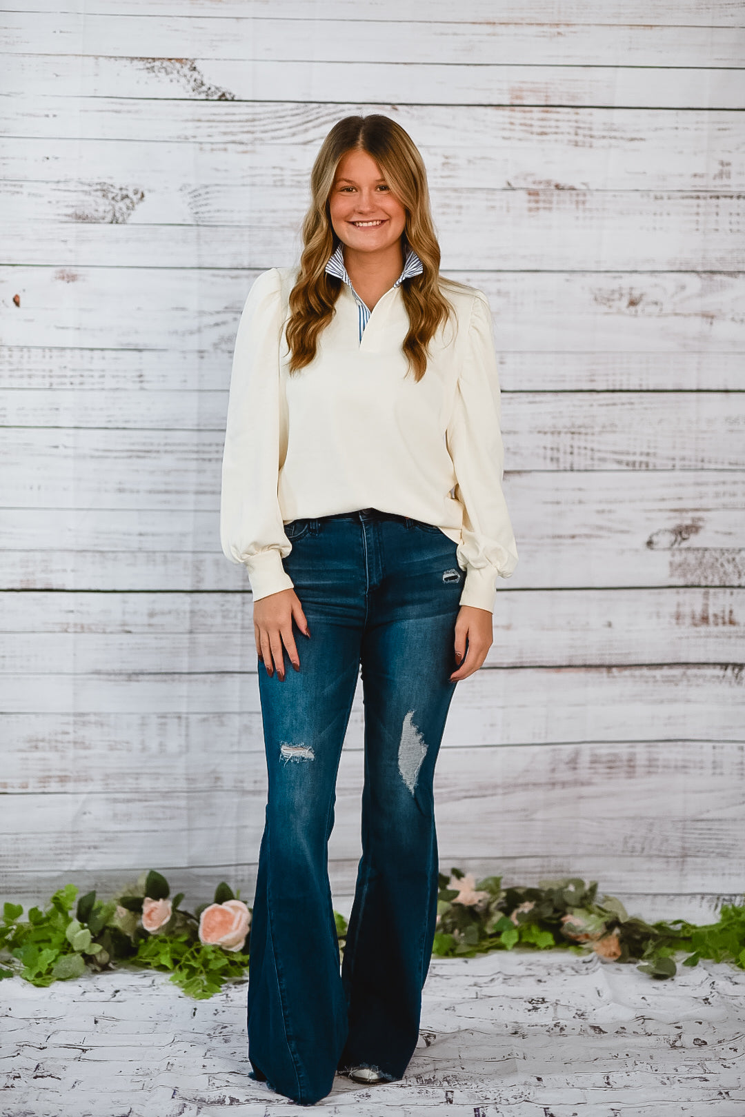 Classic Contrast Collar Puff Sleeve Top