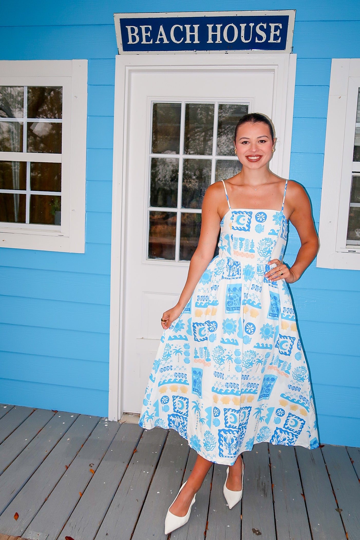 Beach Bliss Blue And White Beach Print Dress