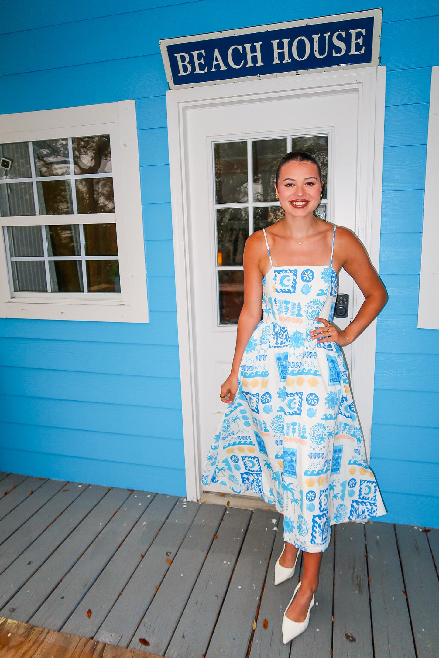 Beach Bliss Blue And White Beach Print Dress