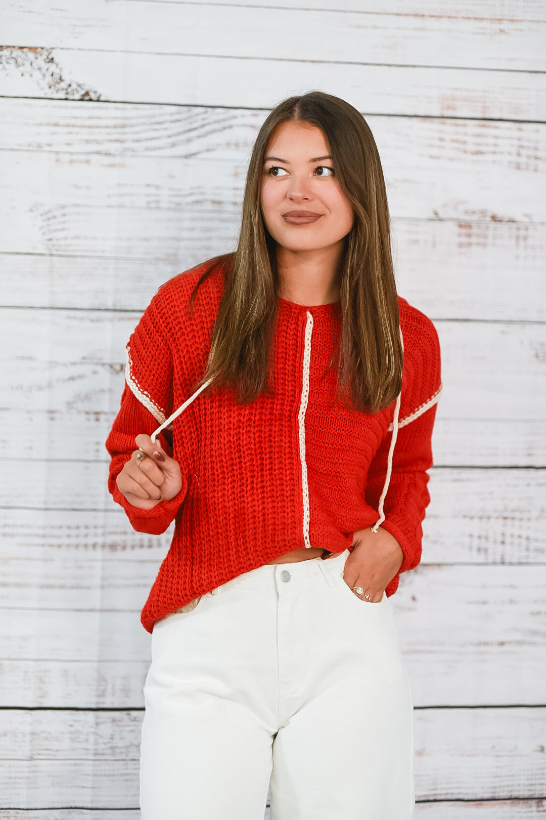 Scarlet Stroll Knit Hoodie Sweater