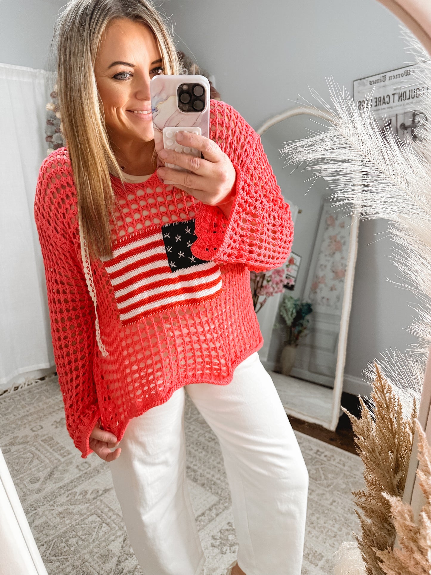 Freedom Coral Open Knit Hooded Sweater