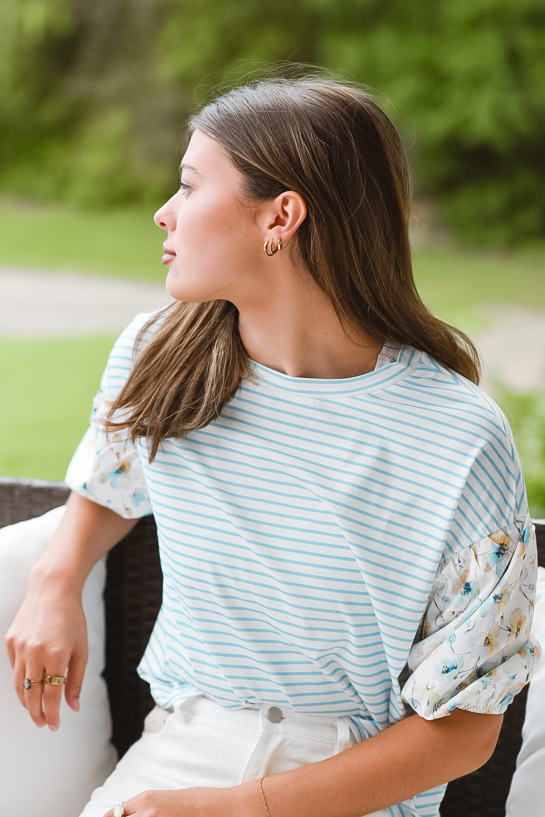 Sageview Floral Sleeve Stripe Top
