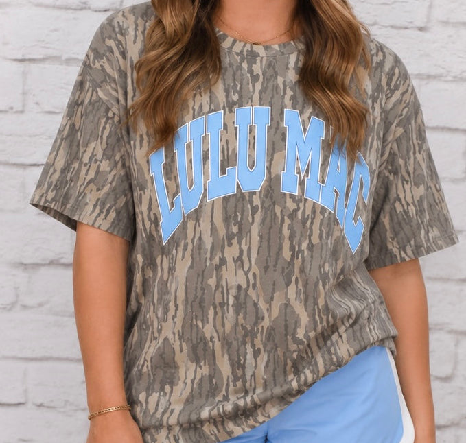 Lulu Mac Camo Varsity Tee – Blue Lettering