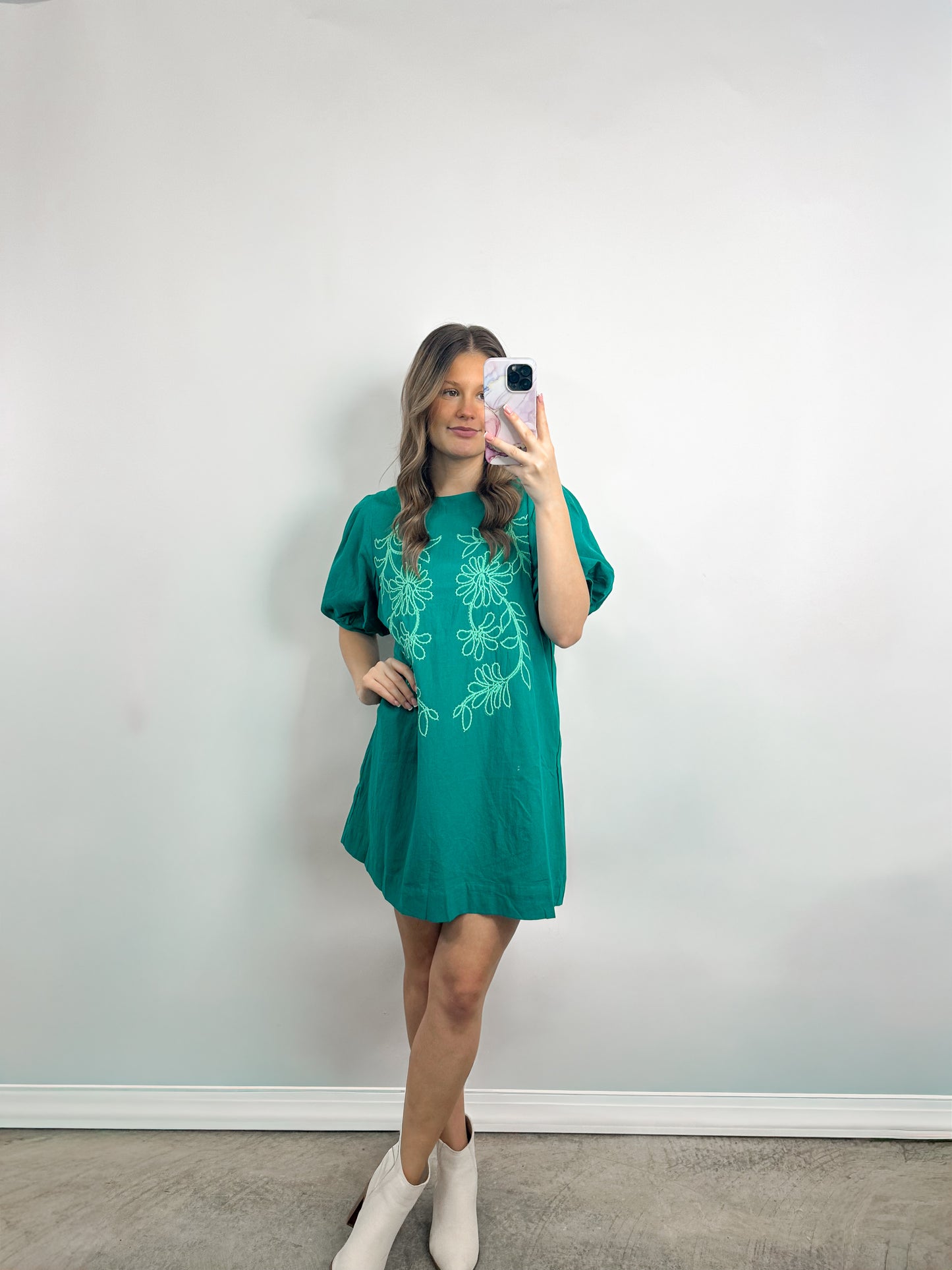 Emerald Bloom Embroidered Dress
