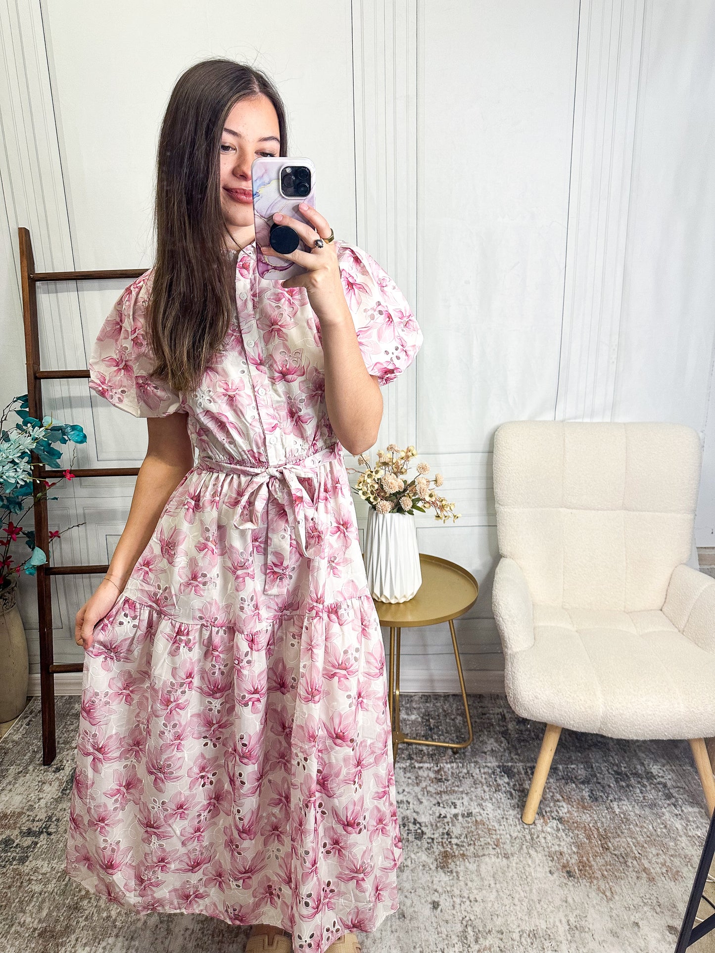 Blushing Garden Tie Waist Floral Midi Dress