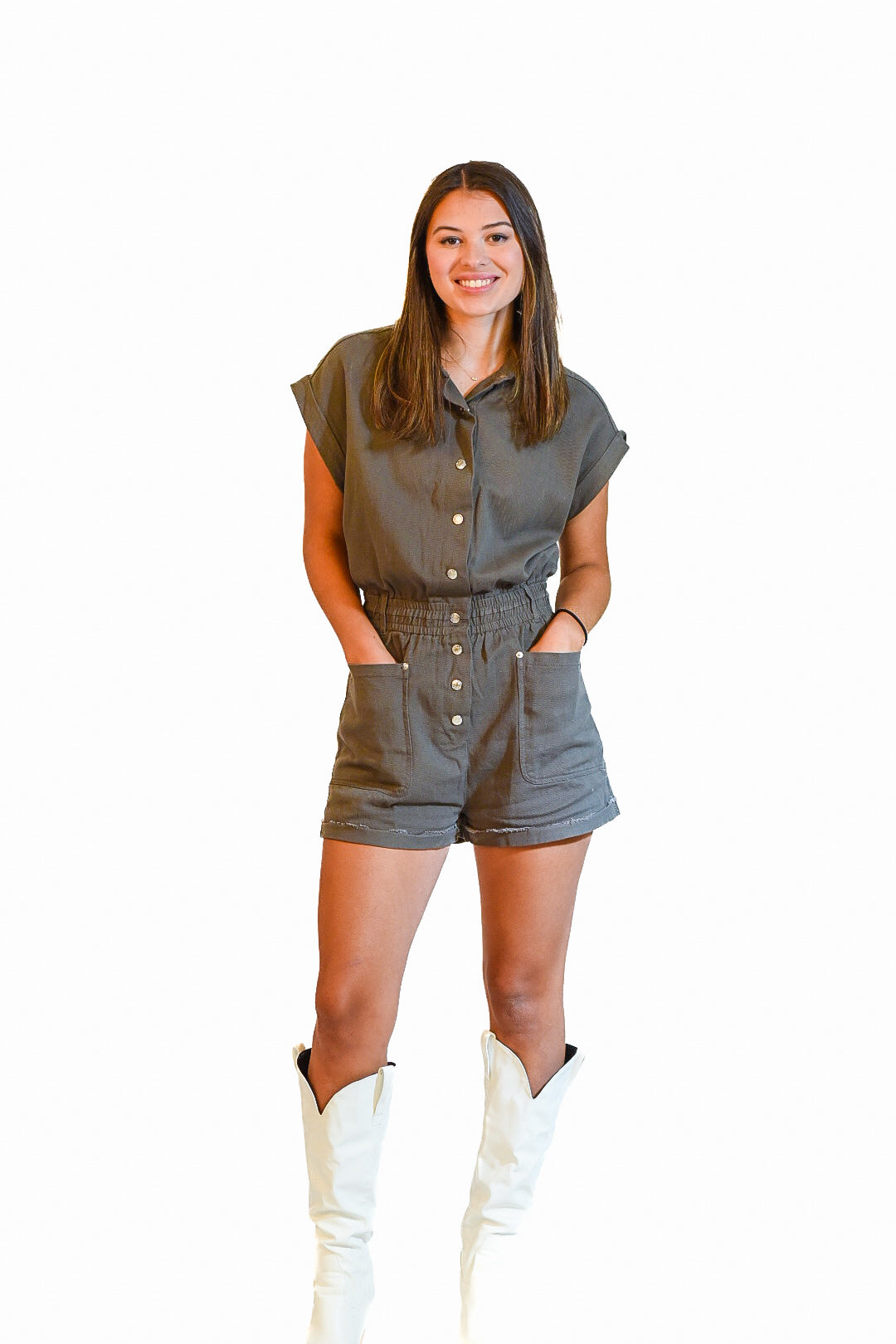 Rustic Charm Grey Button Down Romper