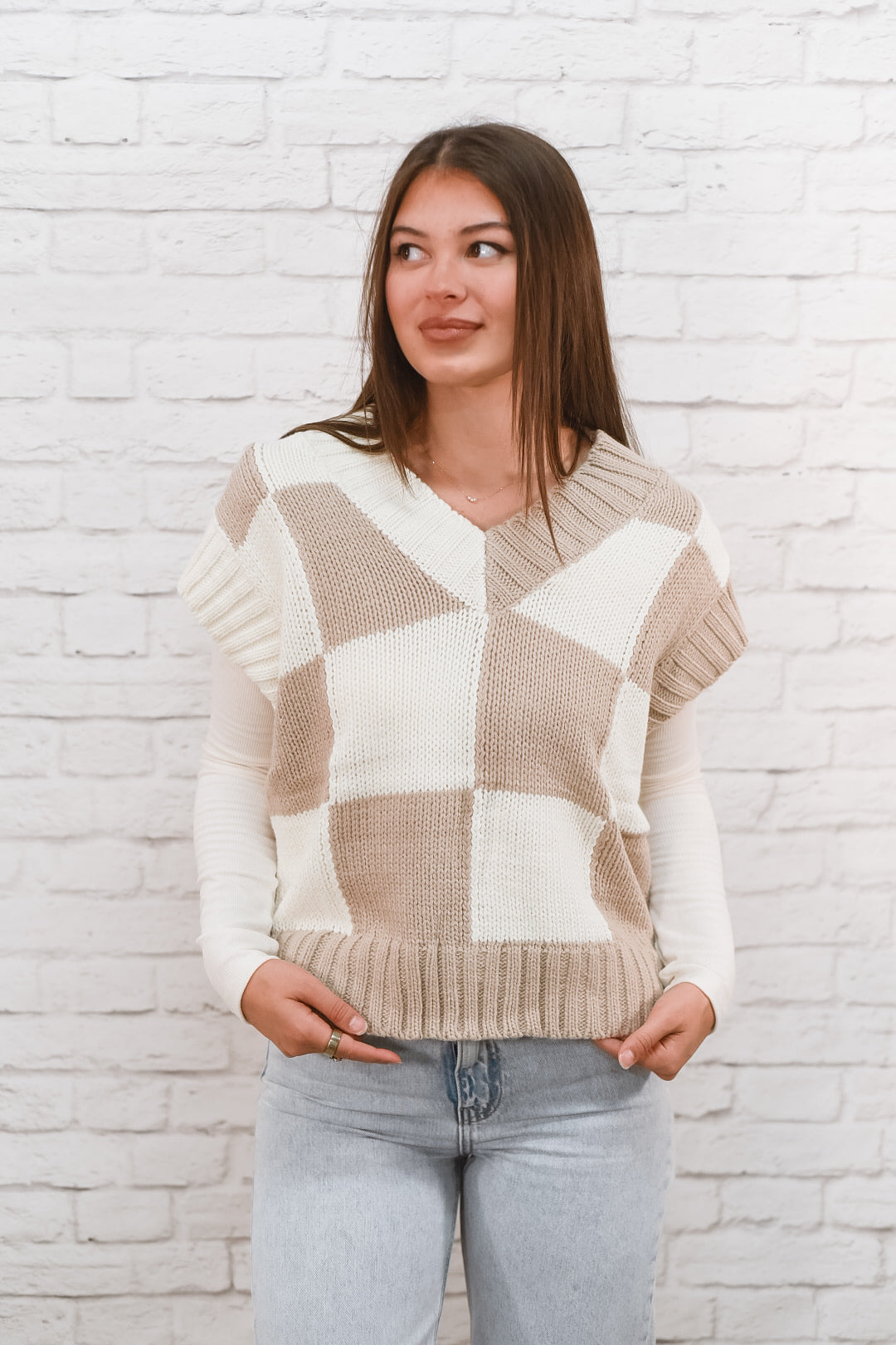 Cozy Check Neutral Sweater Vest