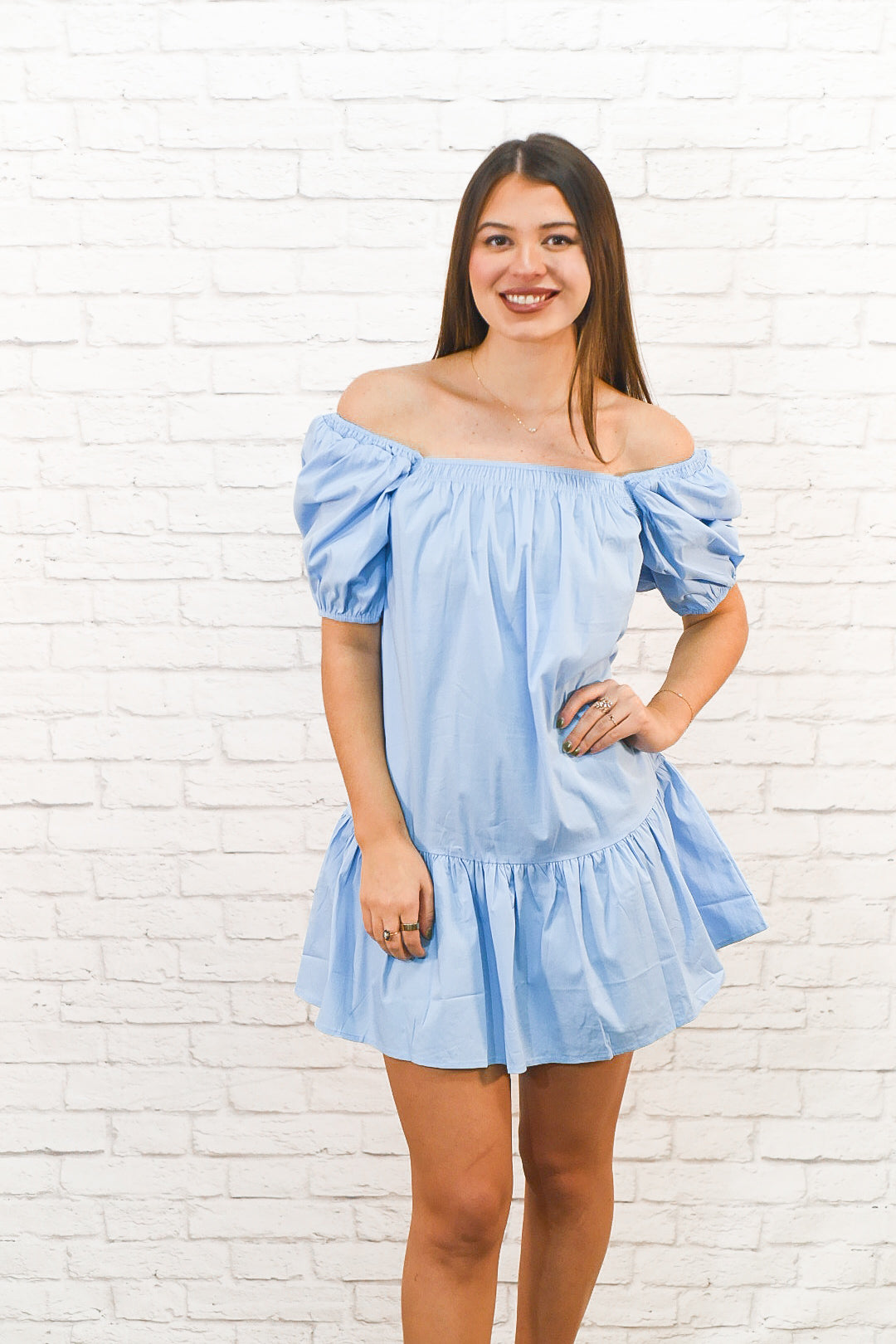 Blue Skies Off-the-Shoulder Puff Sleeve Dress