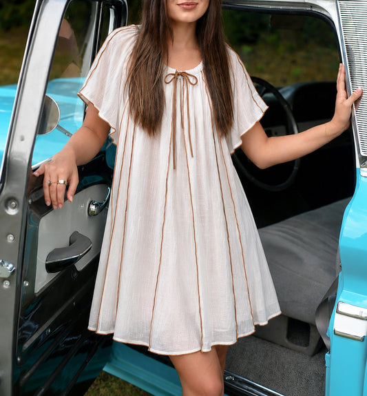 Coastal Charm Ribbon Trim Babydoll Dress