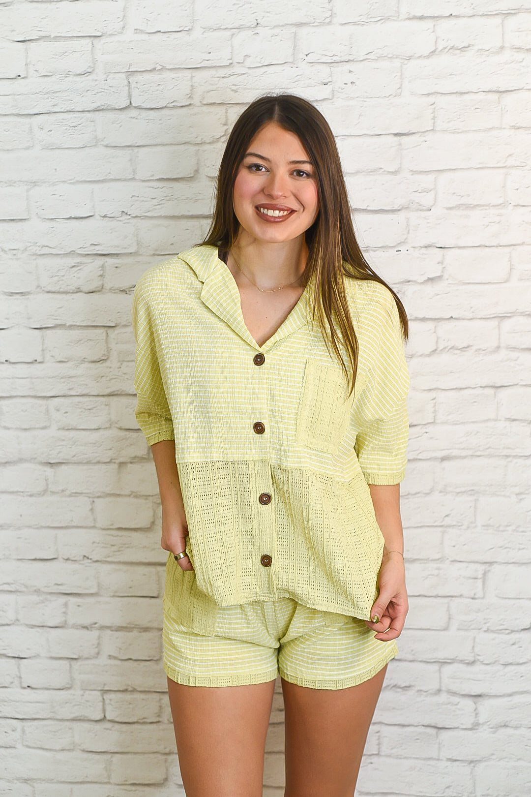 Lime Textured Button Front Matching Set