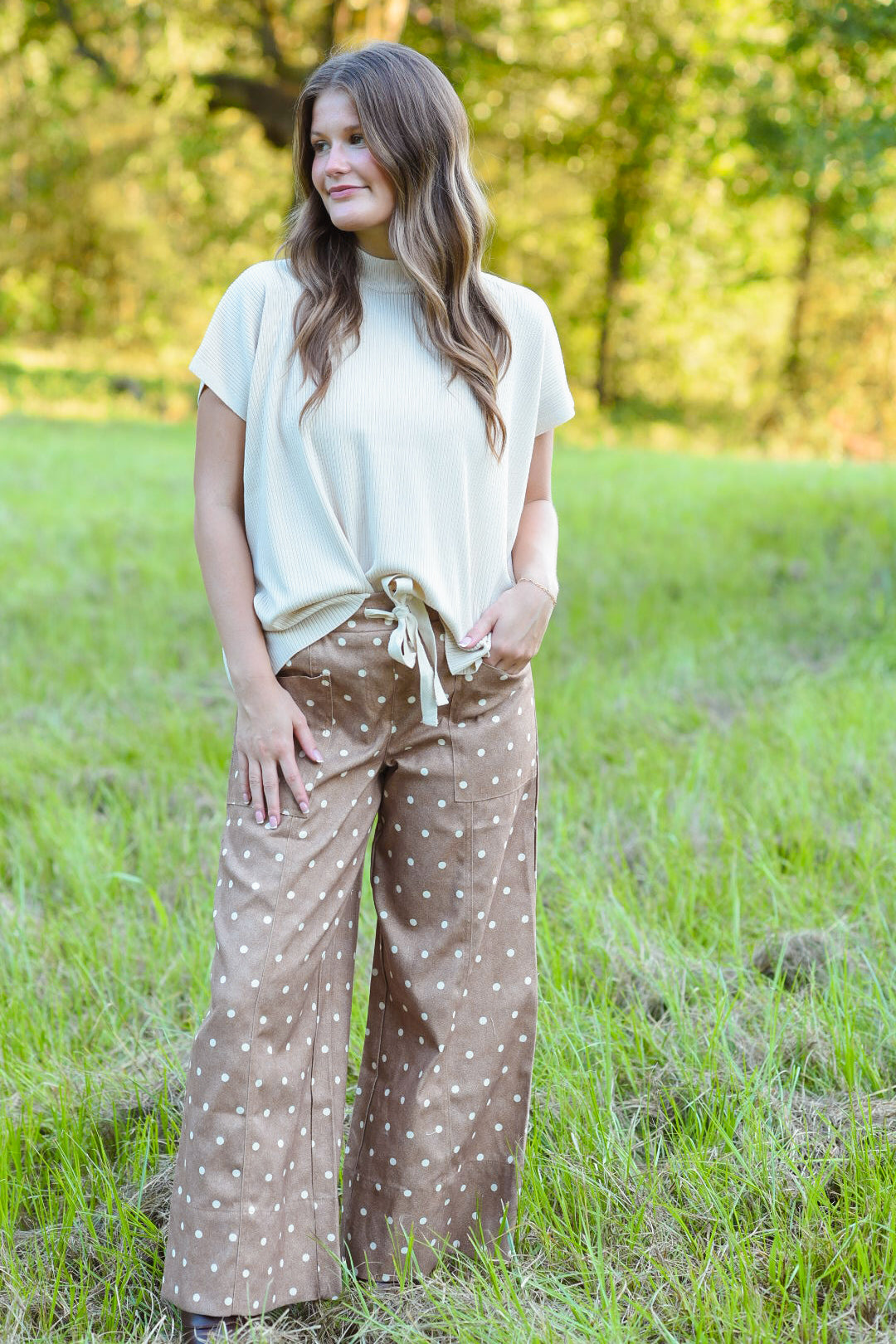 Mocha Polka Dot Wide-Leg Pants