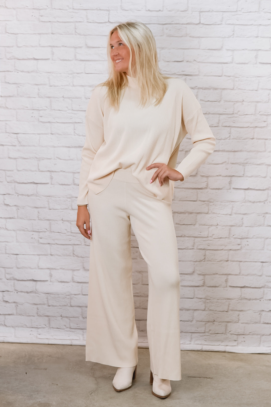 Quiet Luxury Cream Ribbed Pant Set