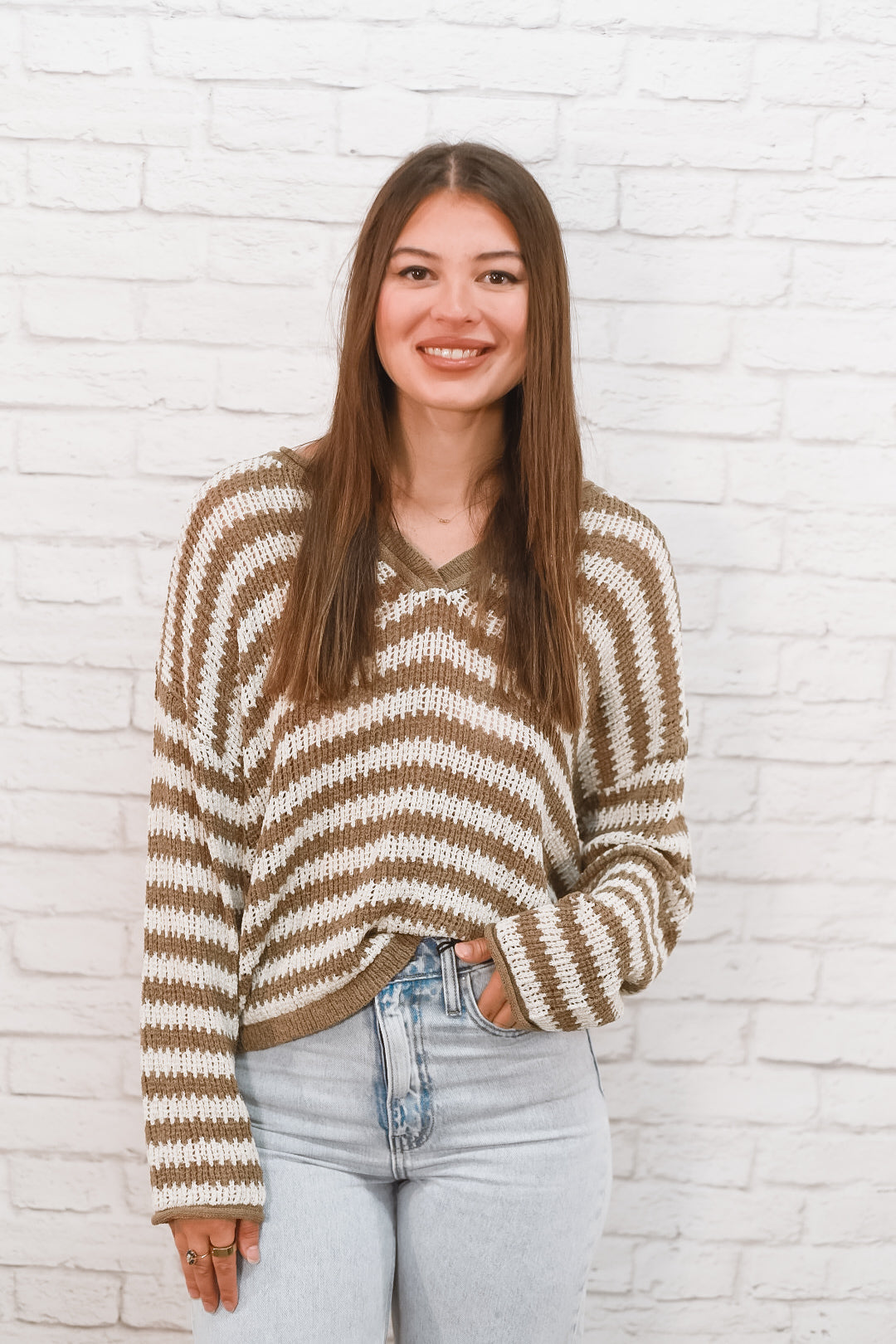 Mocha Morning Striped Split-Neck Sweater