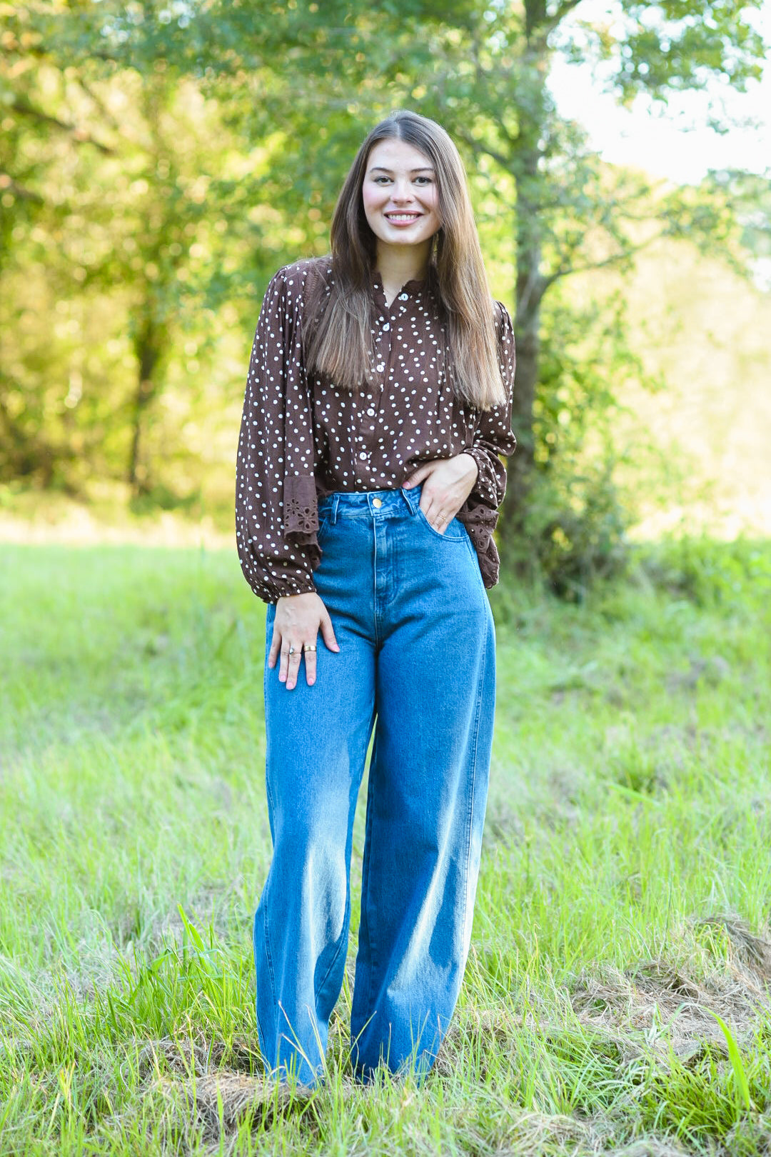 Chocolate Polka Dot Eyelet Lace Blouse