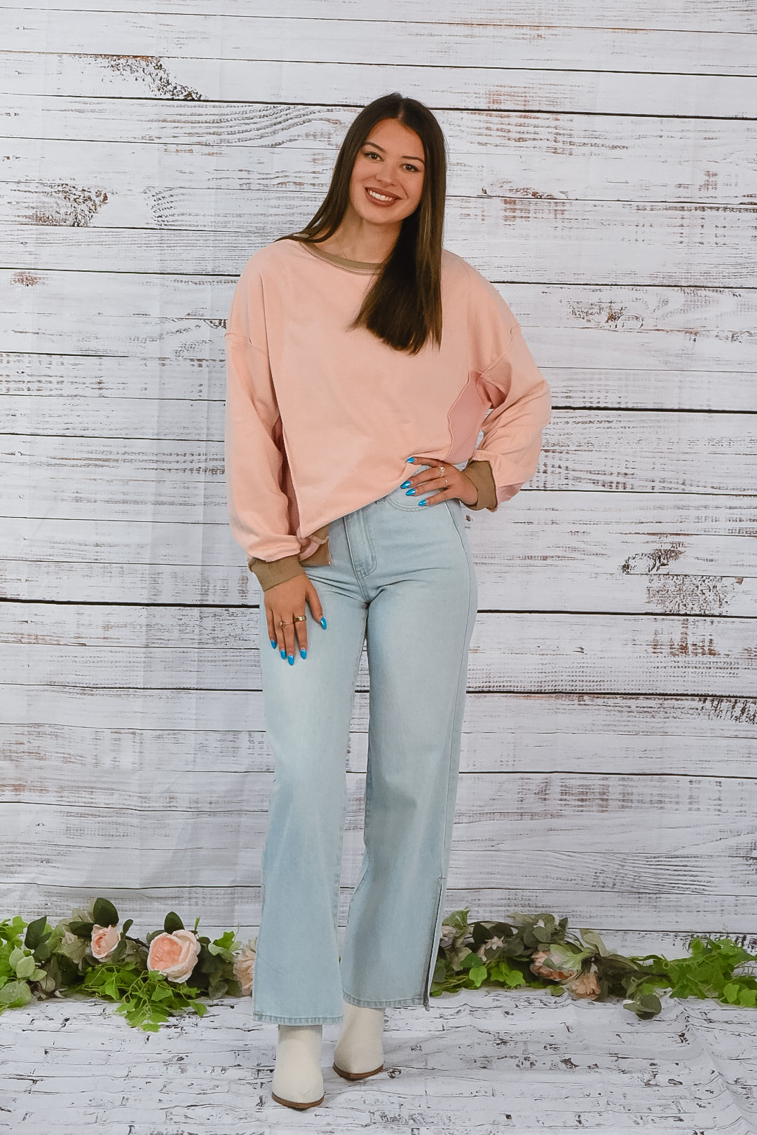 Pink and Tan Textured Oversized Top