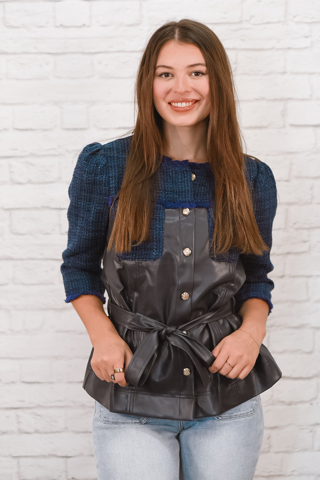 Uptown Chic Mixed Media Jacket – Navy