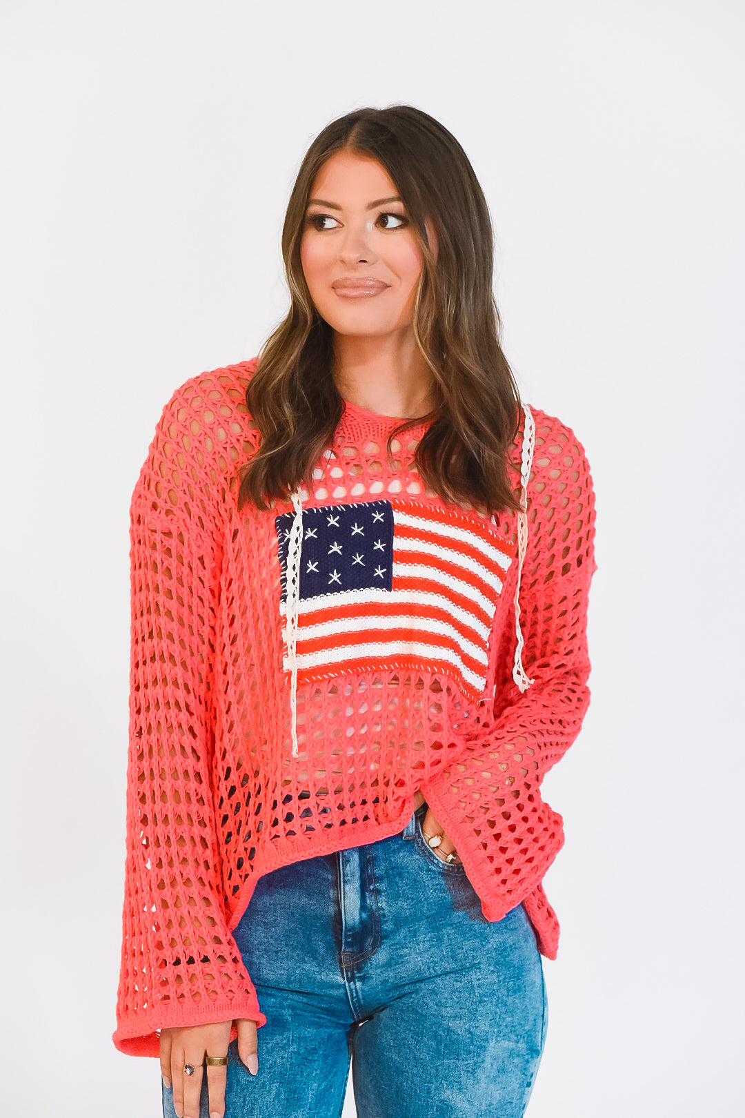 Freedom Coral Open Knit Hooded Sweater
