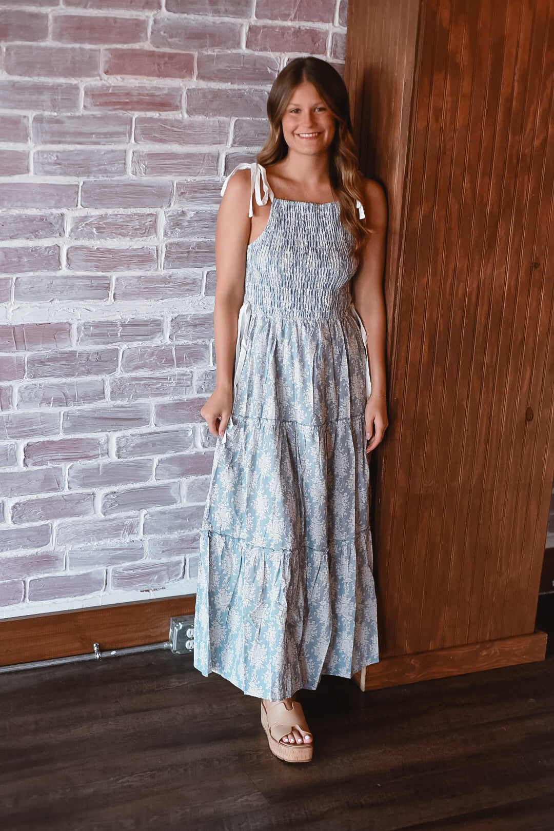 Blue Skies Smocked Bow Maxi Dress