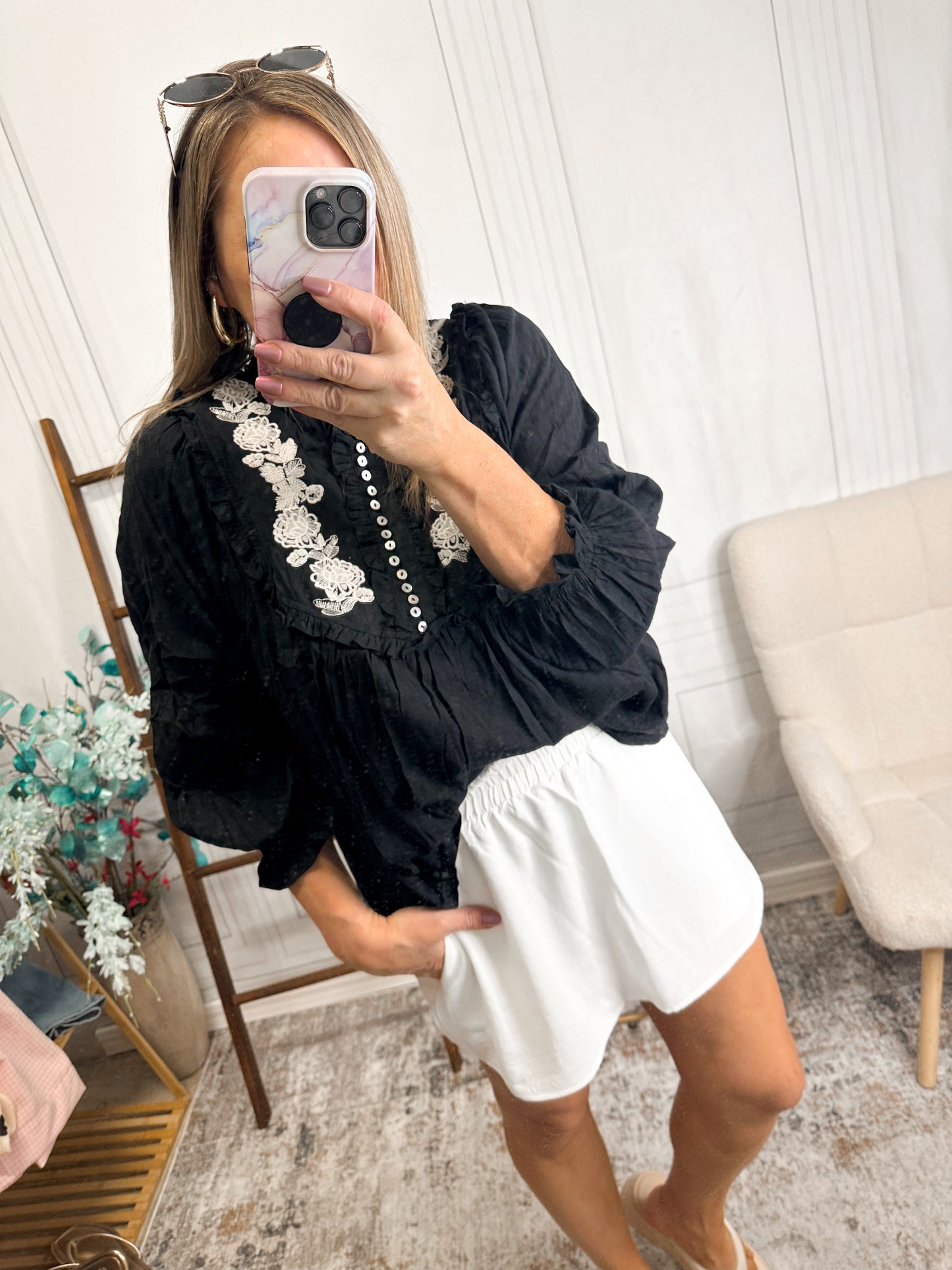 Midnight Bloom Embroidered Blouse