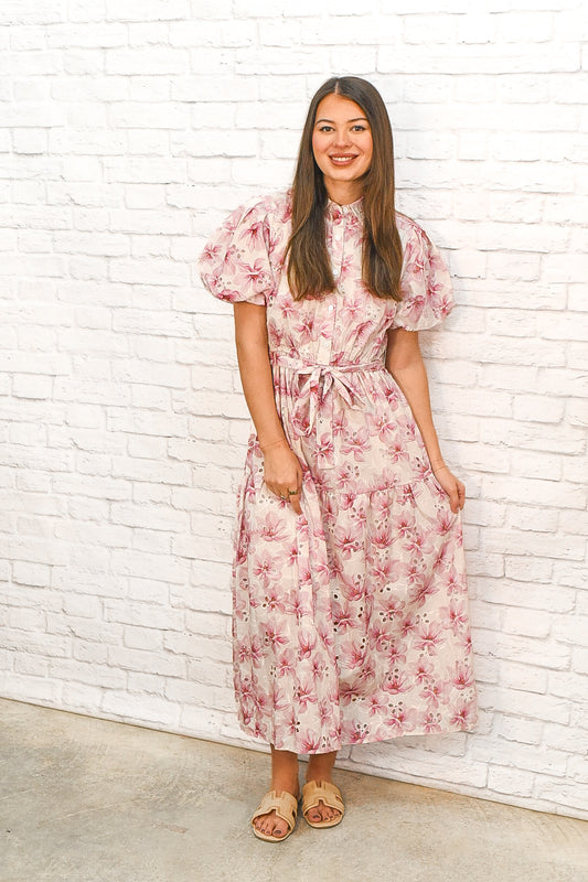Blushing Garden Tie Waist Floral Midi Dress