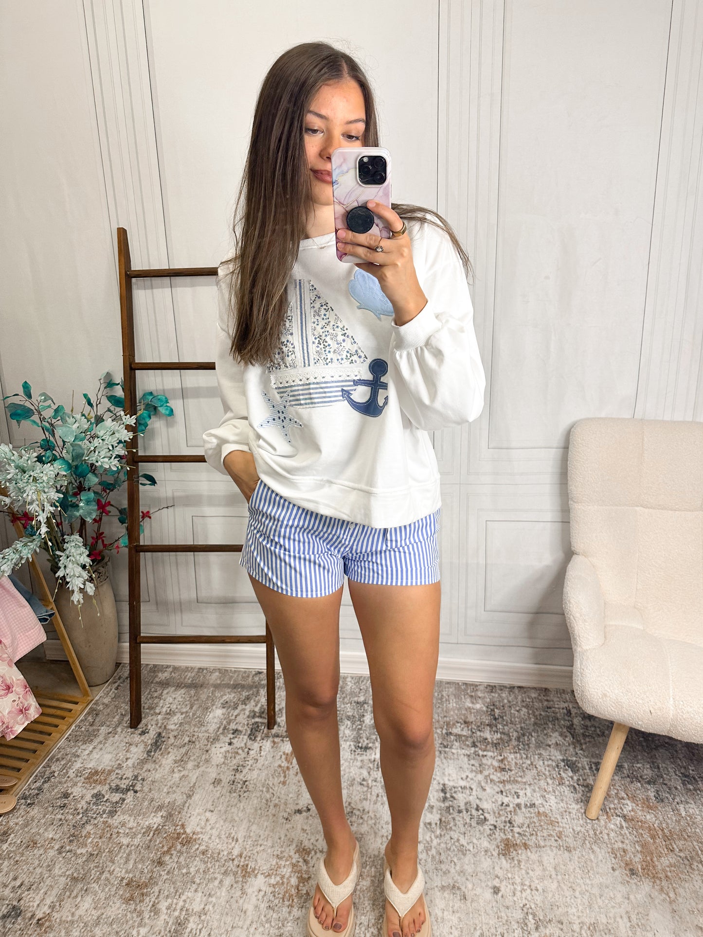 Coastal Blue Stripe Lounge Shorts – Lightweight Button Detail Shorts