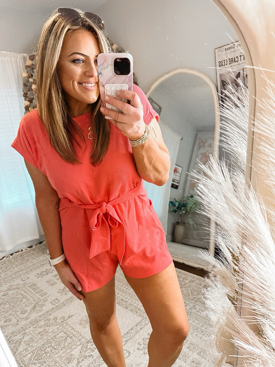 Sundown Tie Waist Romper (Coral)