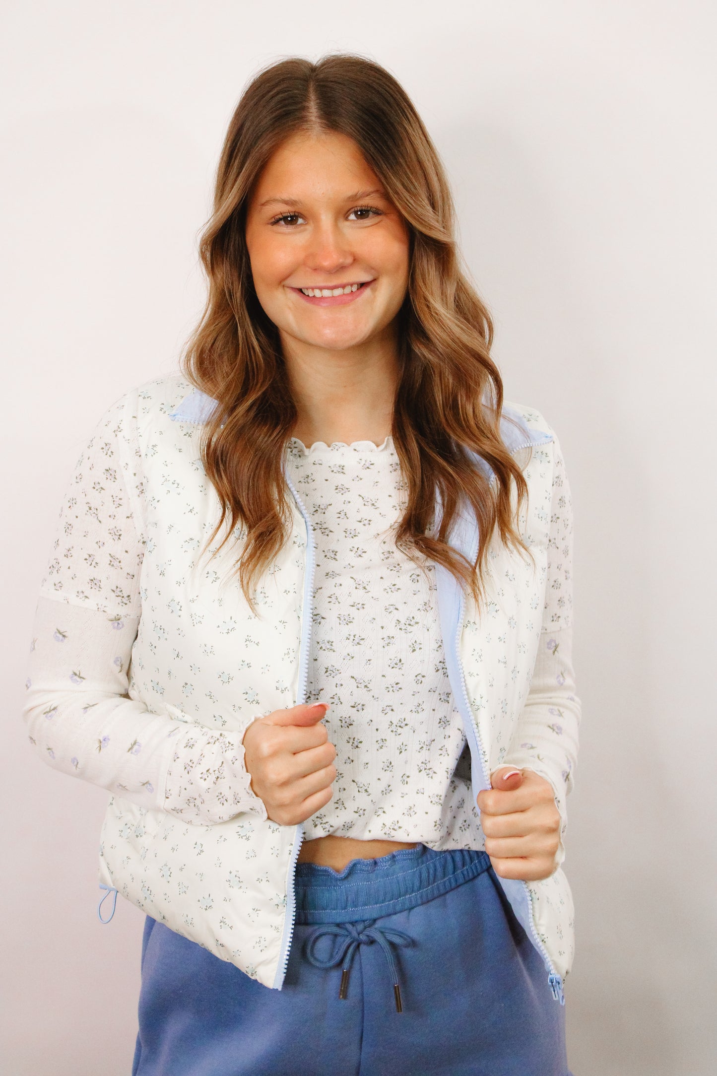 Blue Morning Floral Puffer Vest