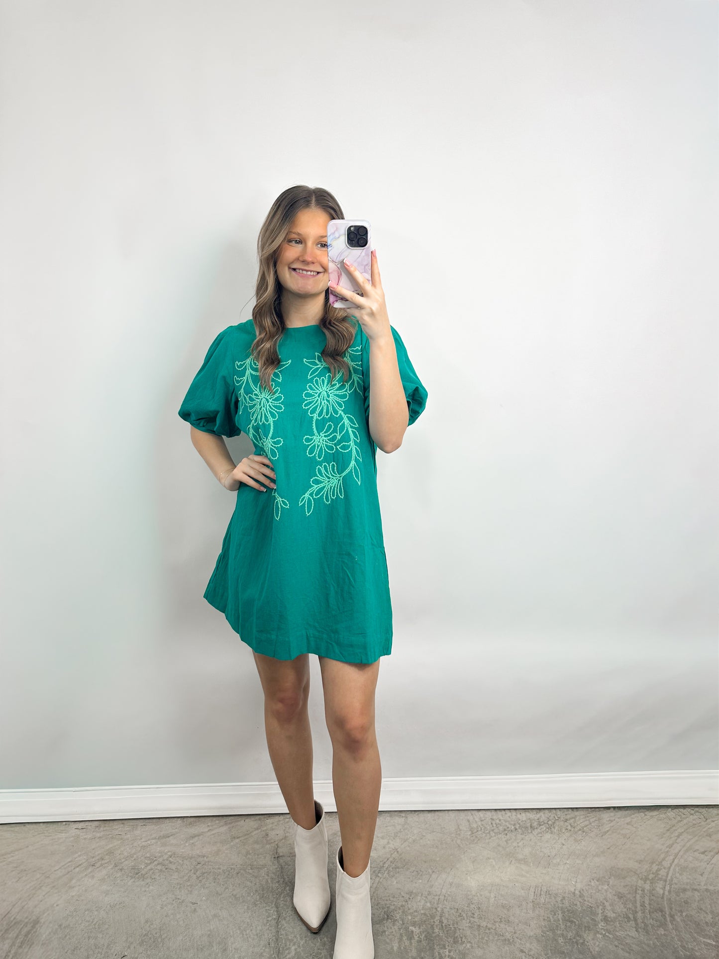 Emerald Bloom Embroidered Dress