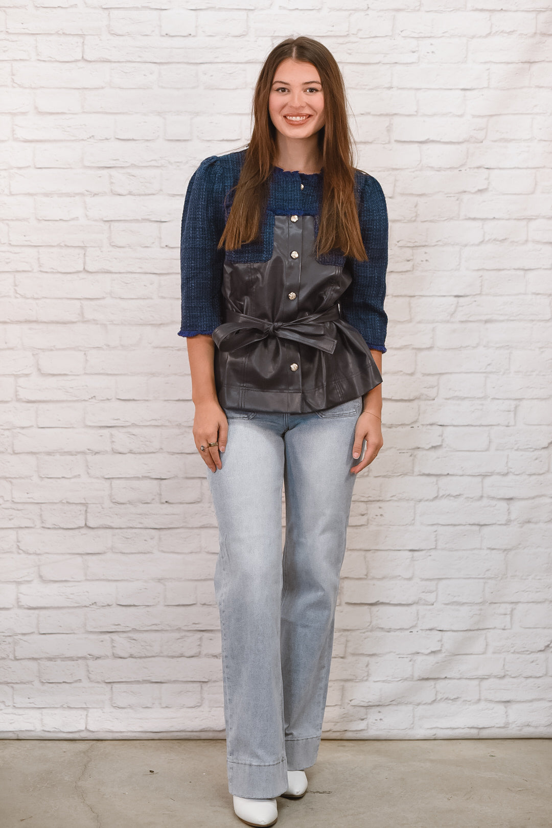 Uptown Chic Mixed Media Jacket – Navy